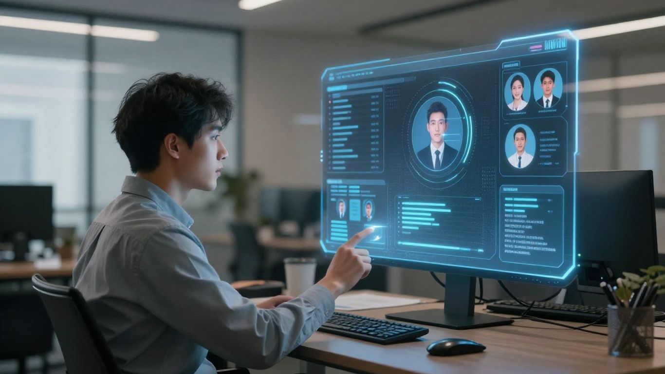 Small business owner using AI for customer interaction.