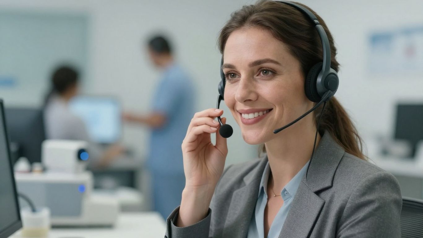 Healthcare professional using a headset for virtual communication.