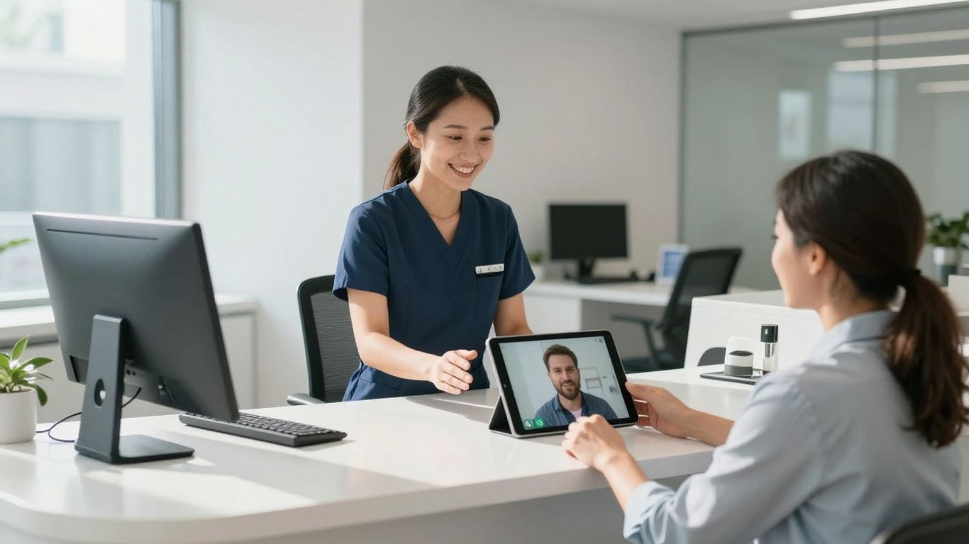 Receptionist using tablet for virtual healthcare consultation.