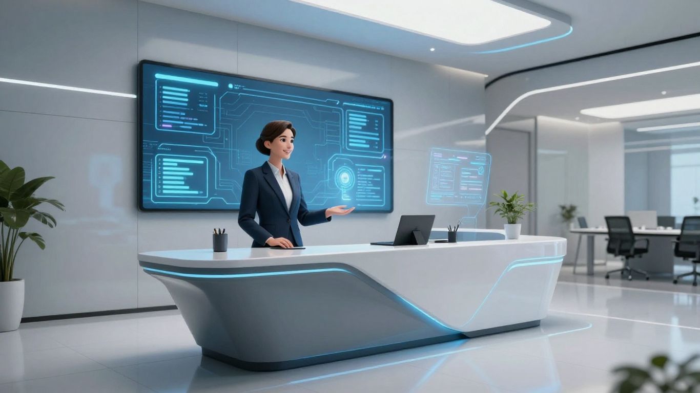 AI receptionist interface in a modern office.