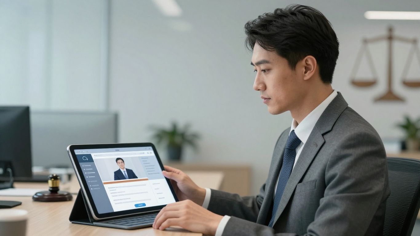 Lawyer using virtual receptionist technology in office.