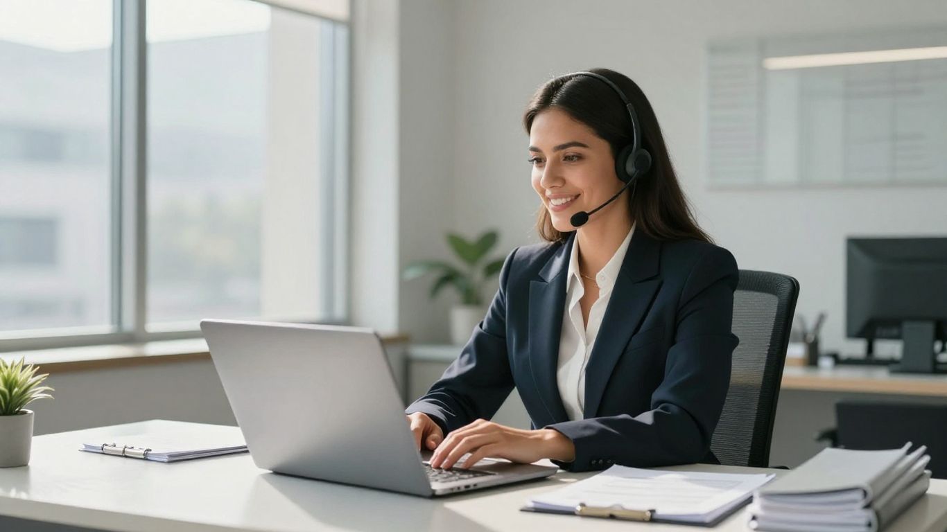Lawyer using a virtual receptionist headset in an office.