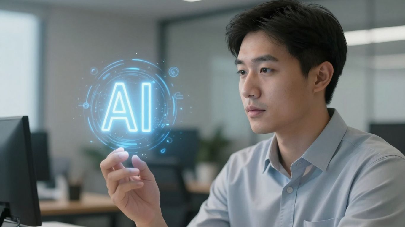 Small business owner looking at AI technology