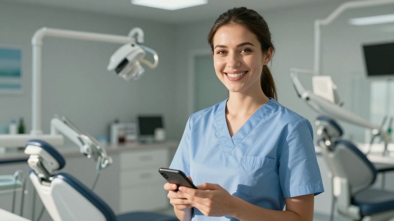 Dental receptionist assisting patient over the phone.