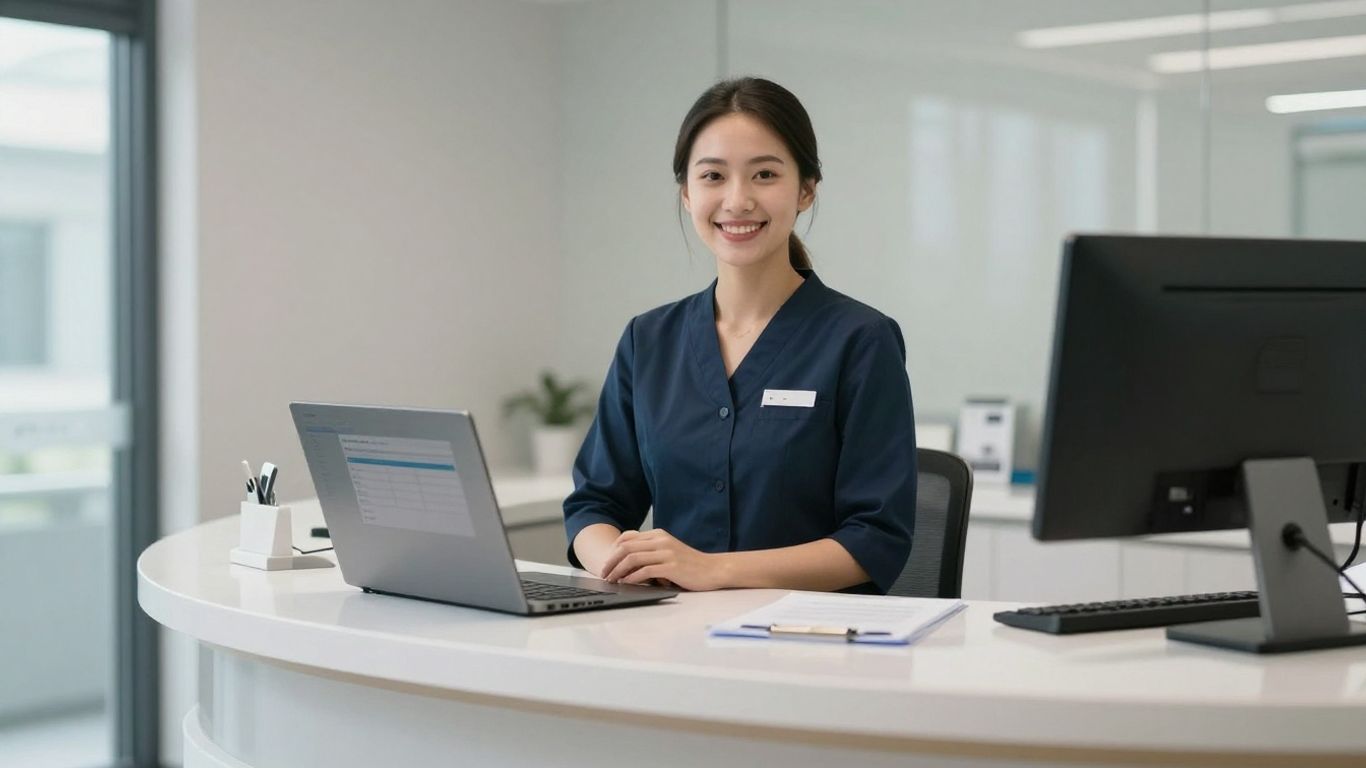 Dental office receptionist using technology for efficient operations.