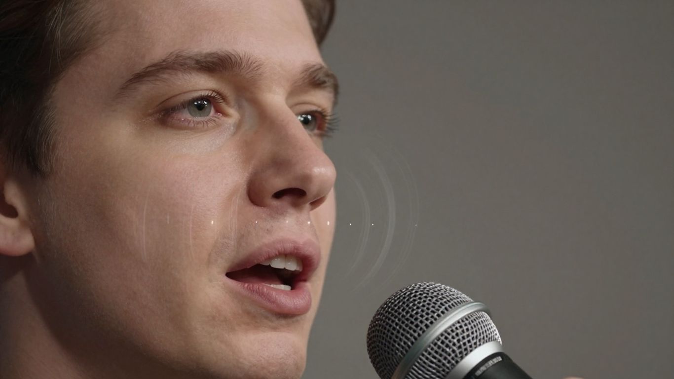 Person speaking into microphone, sound waves emanating.