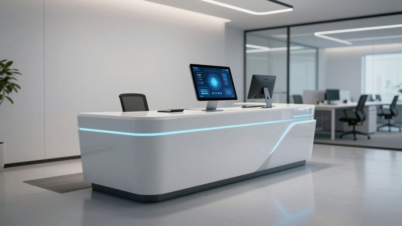 AI receptionist interface in a modern business office setting.