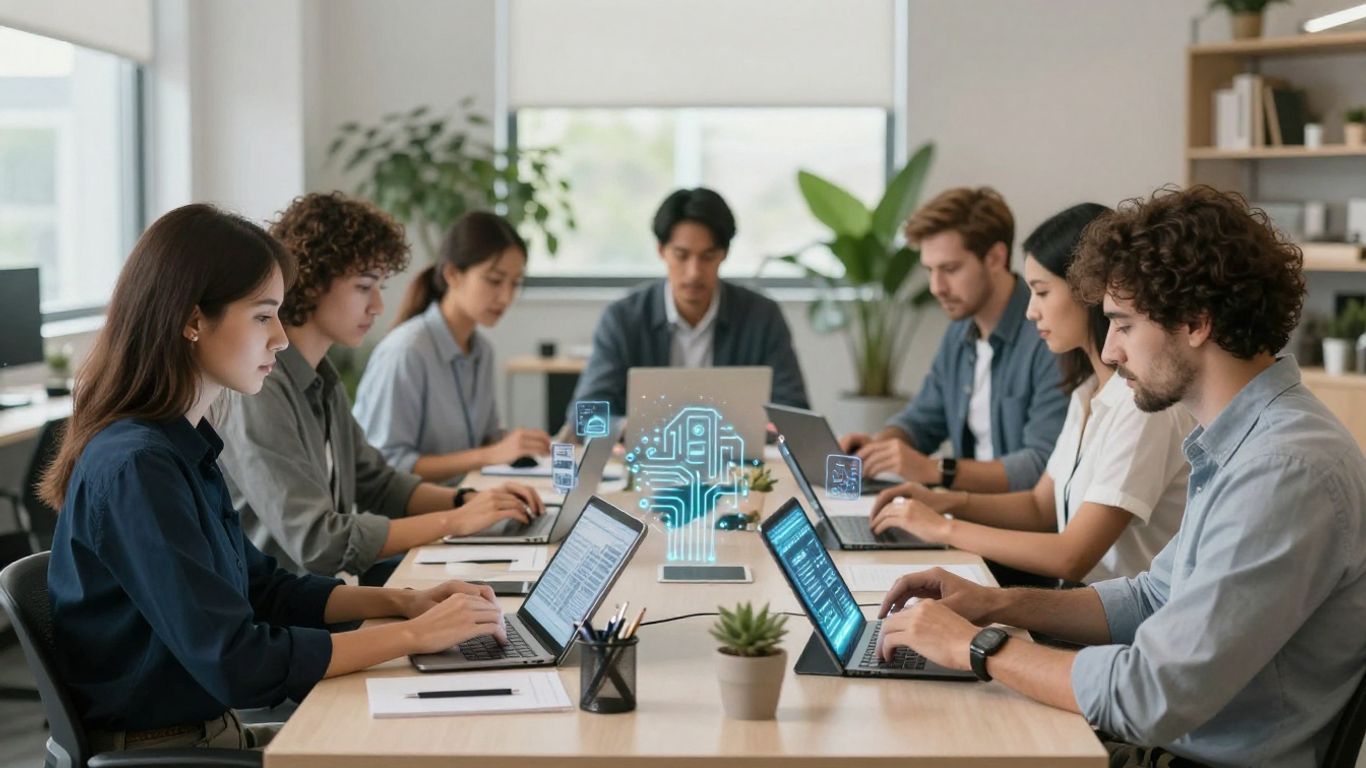 Team using AI on tablets in modern office
