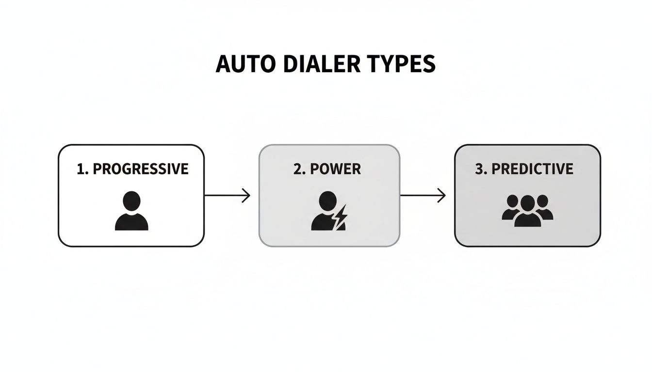 Diagram illustrating three types of auto dialers: Progressive, Power, and Predictive, with corresponding icons.