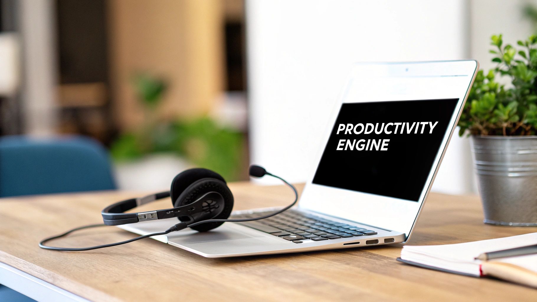 A laptop displaying 'PRODUCTIVITY ENGINE', with a headset, notebook, and plant on a wooden desk.