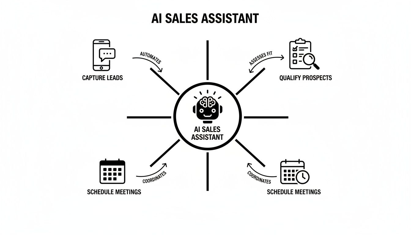 An AI sales assistant central diagram showing its functions: capture leads, qualify prospects, and schedule meetings.