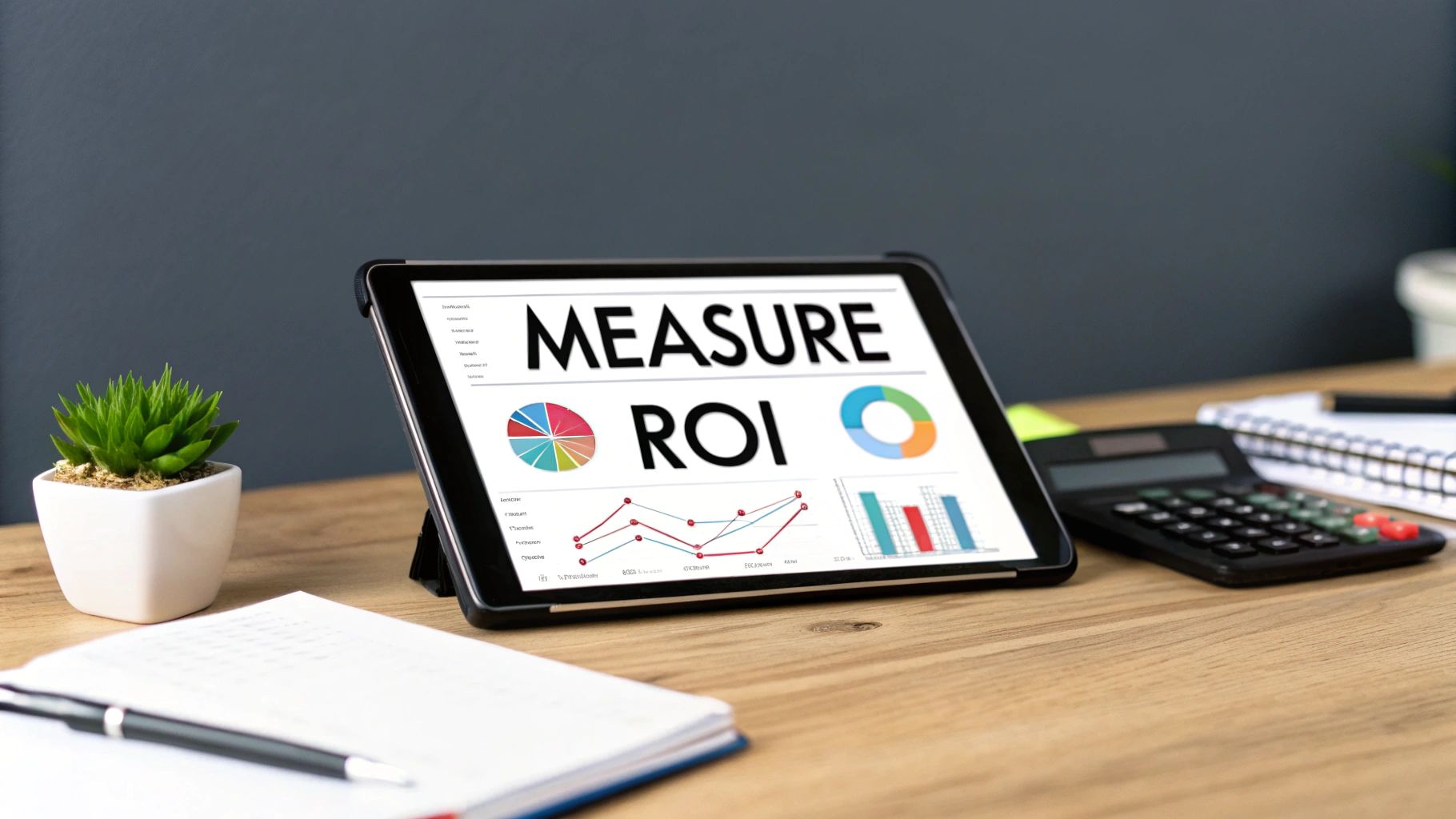 A tablet displays "MEASURE ROI" with various business charts on a desk with a plant, notebook, and calculator.