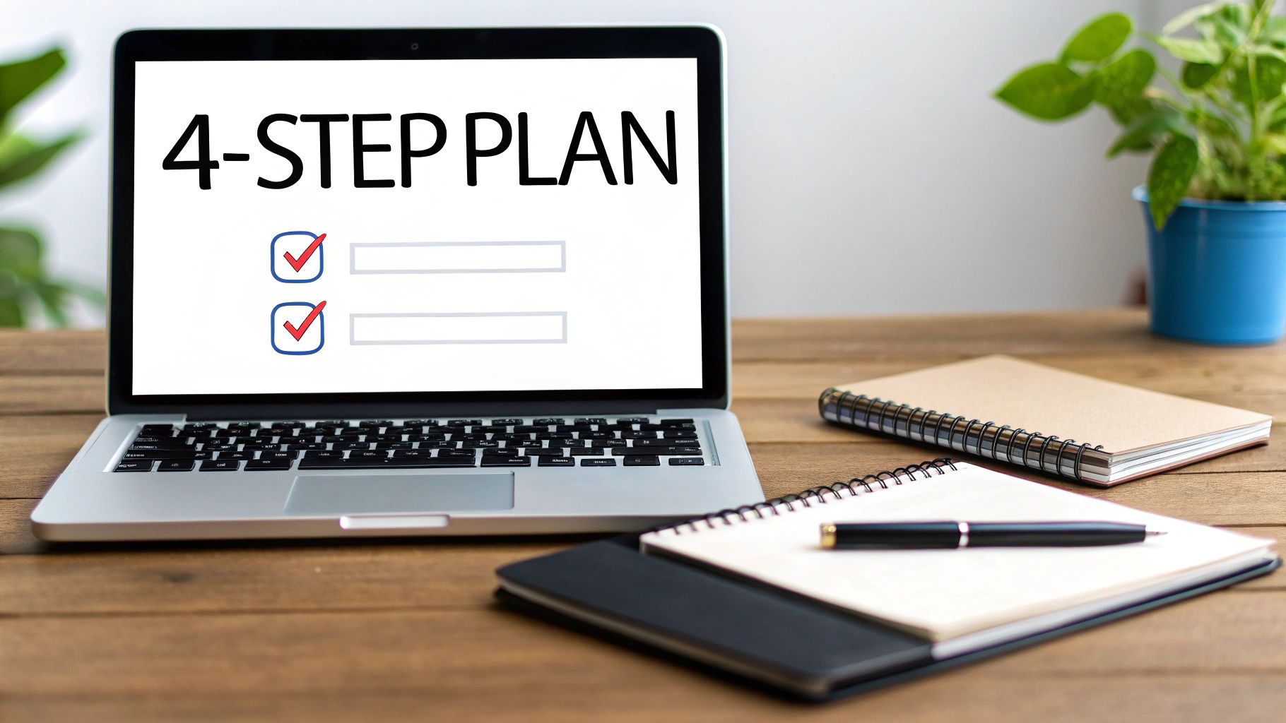 A laptop screen shows '4-STEP PLAN' with two checked boxes and empty lines. Notebooks and a pen are on a wooden desk.
