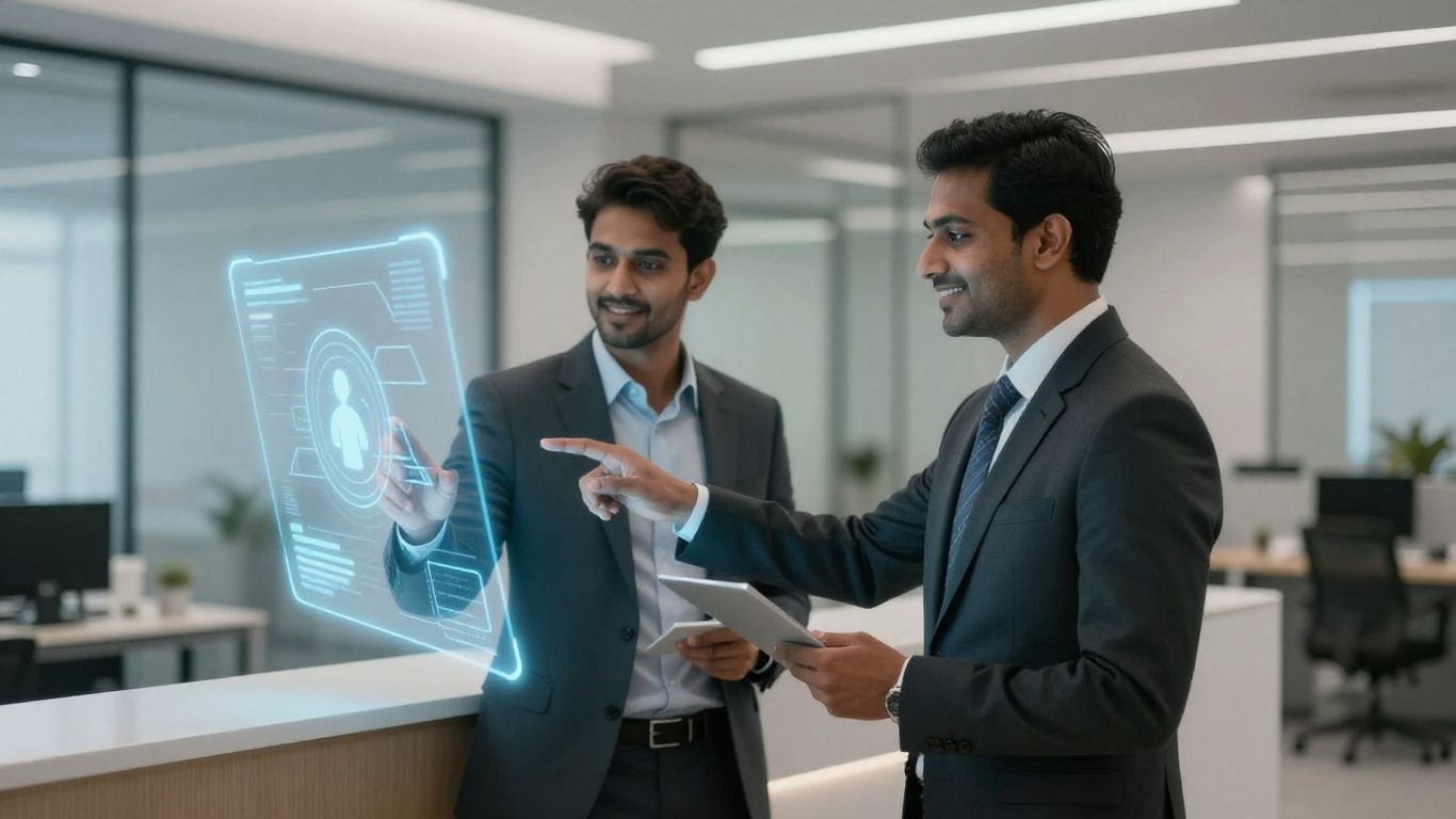 Lawyer interacting with AI receptionist interface in office.