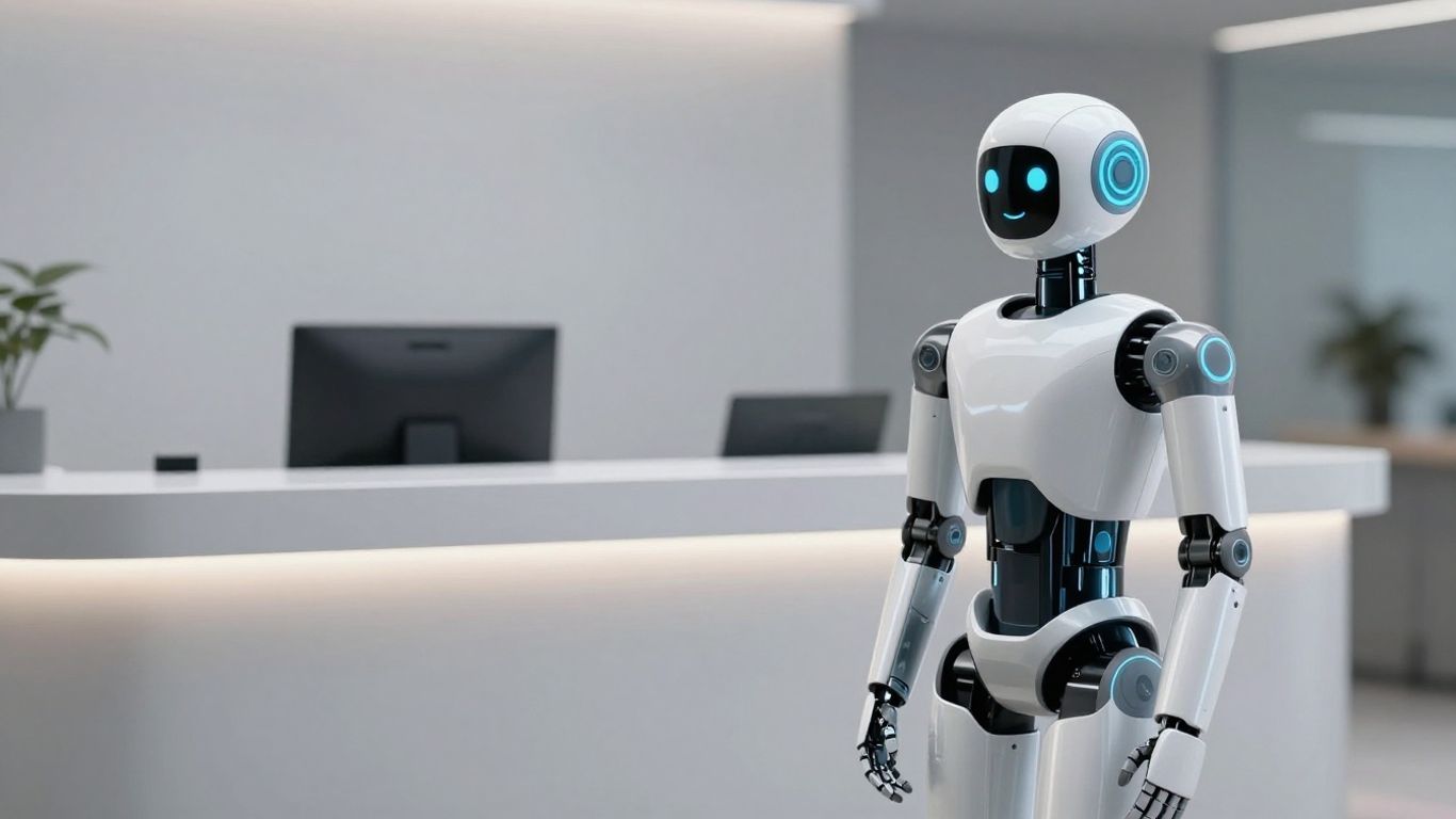 AI receptionist at a modern business front desk.