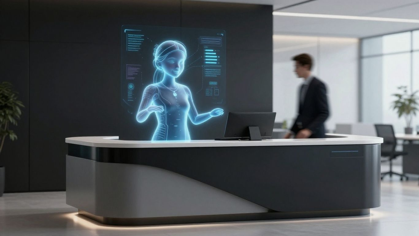 AI receptionist interacting with a visitor at a desk.