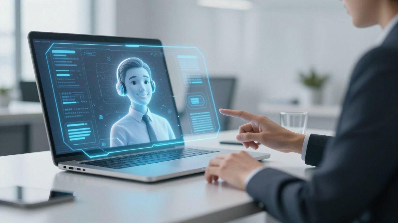 AI receptionist interacting with a businessperson at a desk.