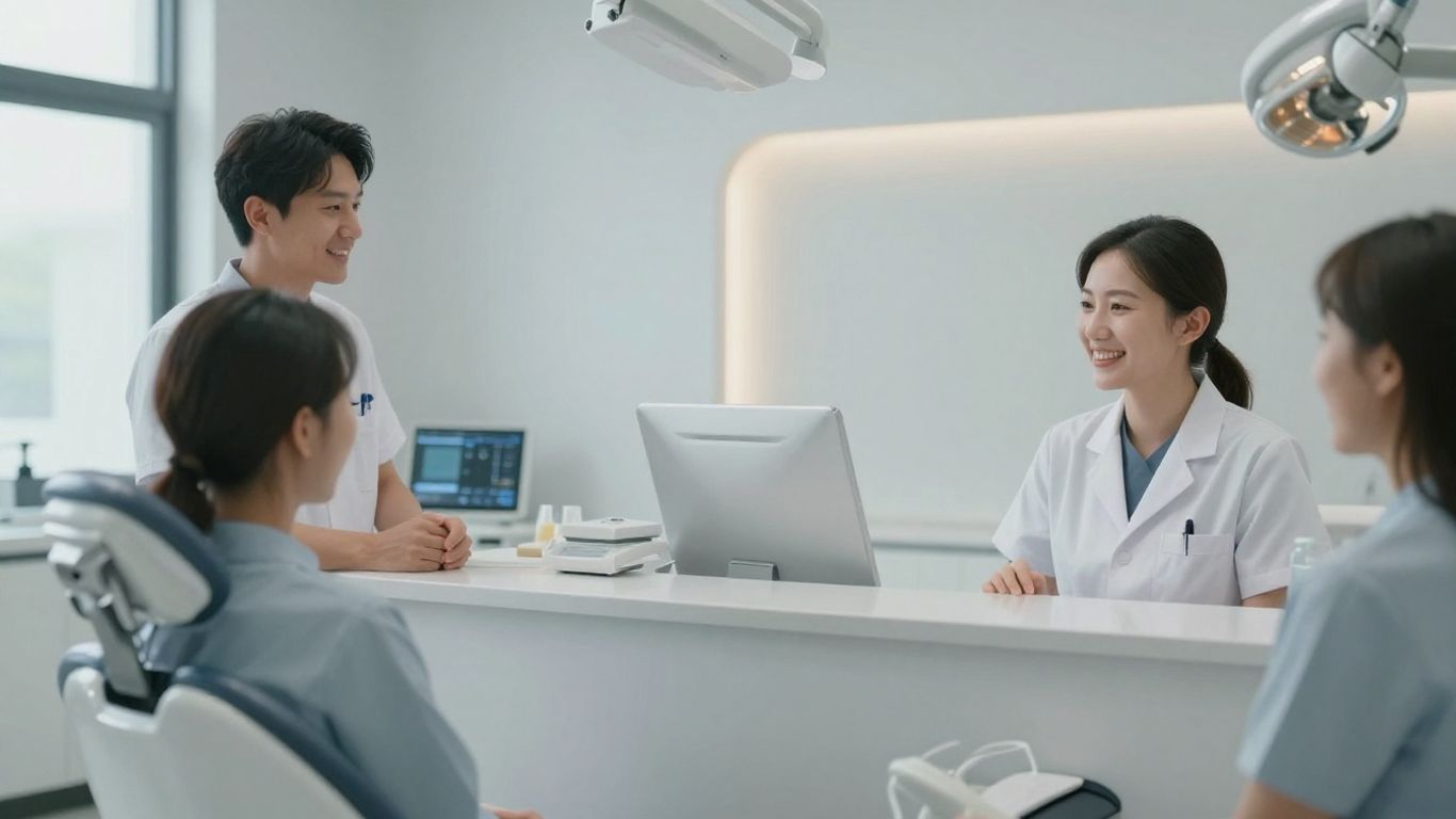 Dentist and patient smiling in a modern dental office.
