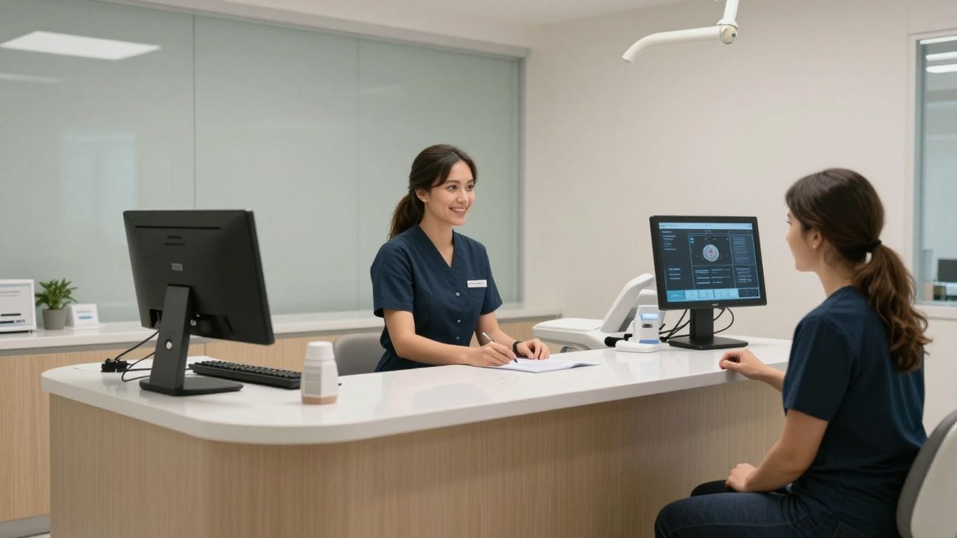 Dental front desk with receptionist and patient.