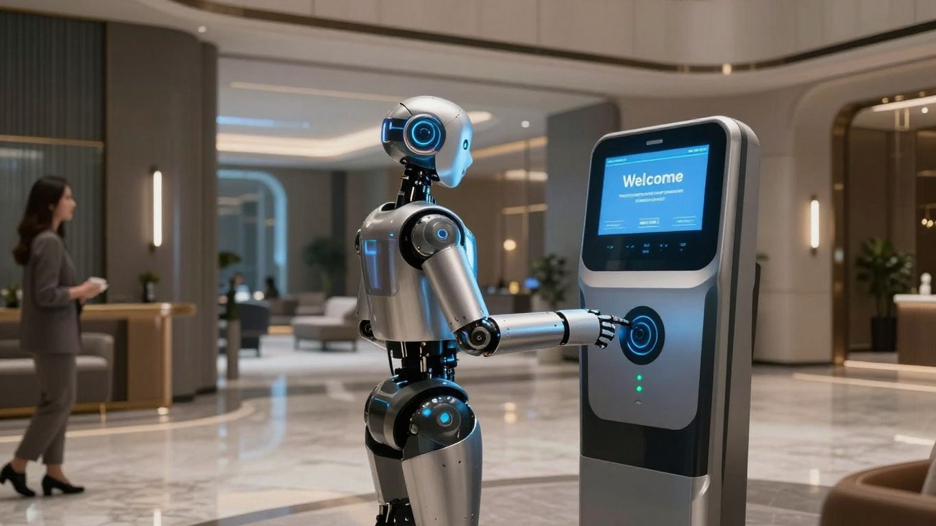 Robot assisting a guest at a hotel front desk.