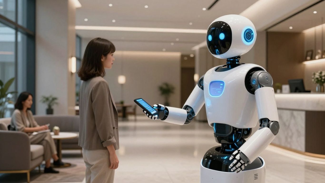Robot assisting guest at hotel front desk.