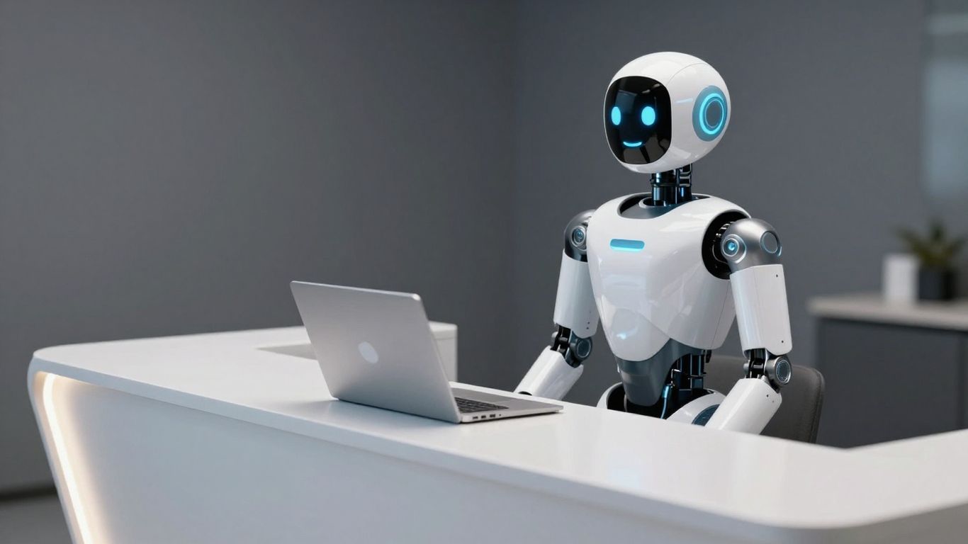 AI receptionist robot at a modern desk.