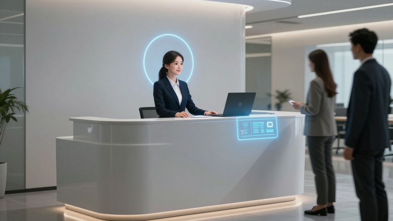 AI receptionist interface at a modern front desk.