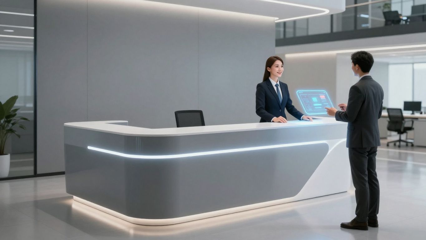 AI receptionist interface at a modern desk.