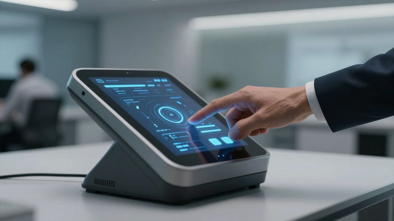 Automated phone receptionist interface in a modern office.