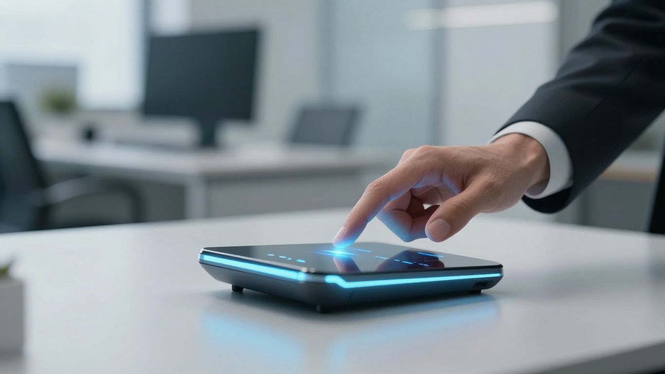 Automated phone receptionist console in a modern office.
