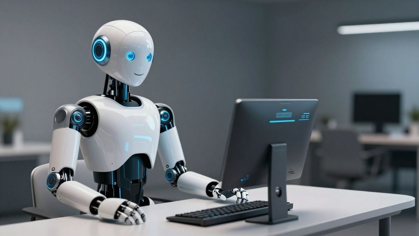 AI robot at a futuristic front desk.