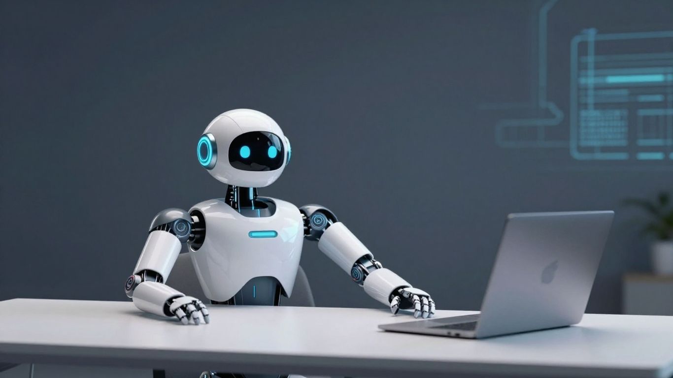 AI robot at a front desk, futuristic and efficient.