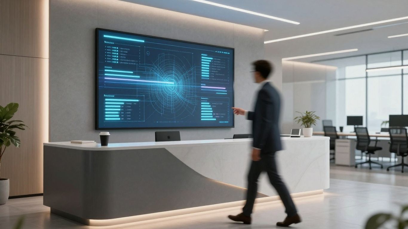 AI front desk interface in a modern office.