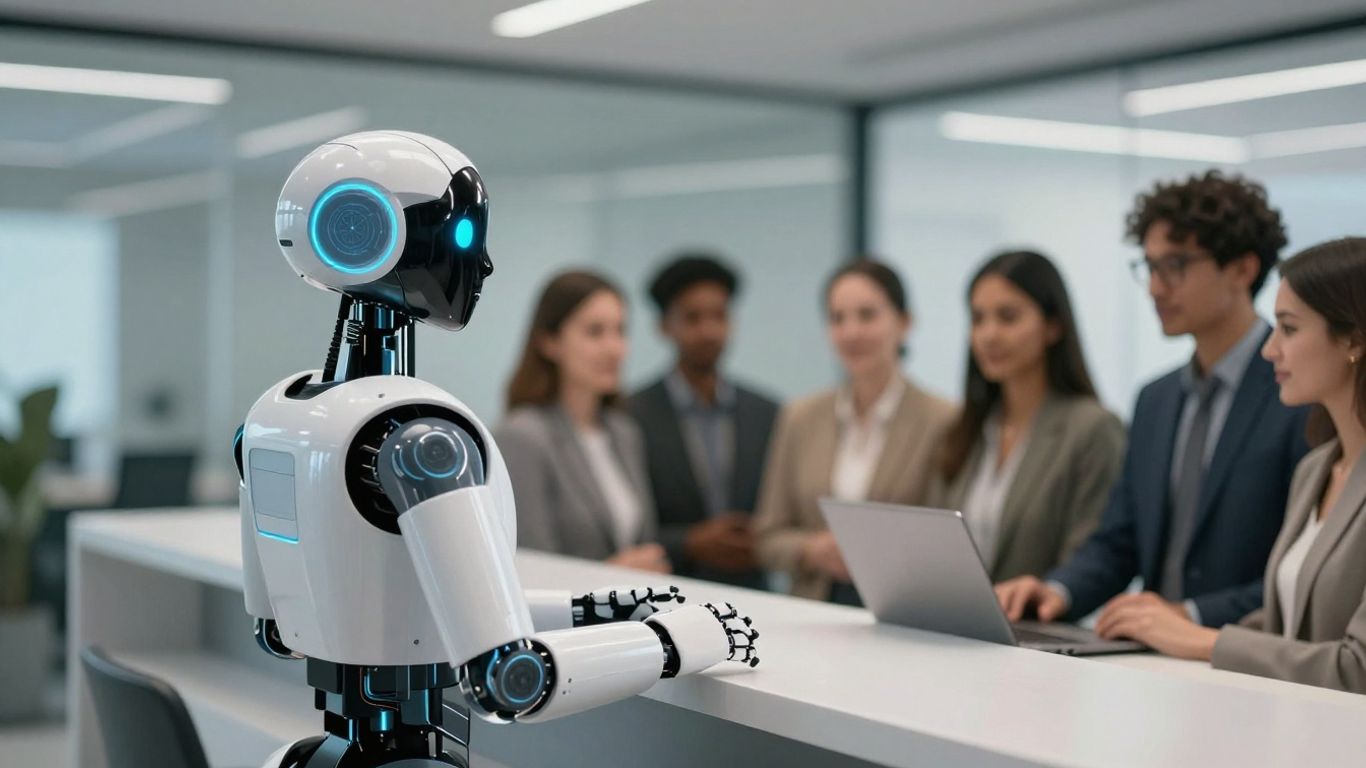 AI robot receptionist greeting people at a modern office desk.