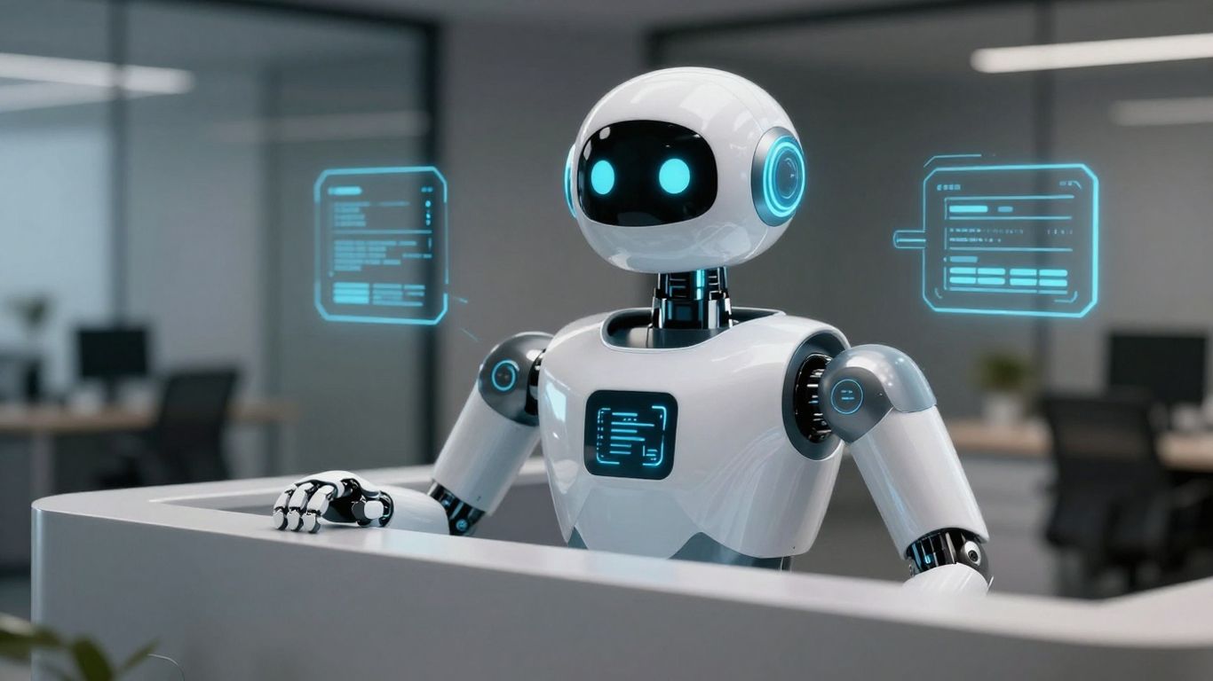 AI robot at a reception desk, futuristic office.