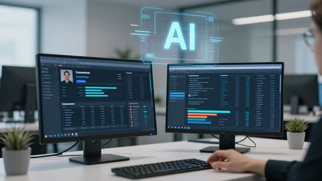 HubSpot AI CRM interface with customer data and AI graphic.