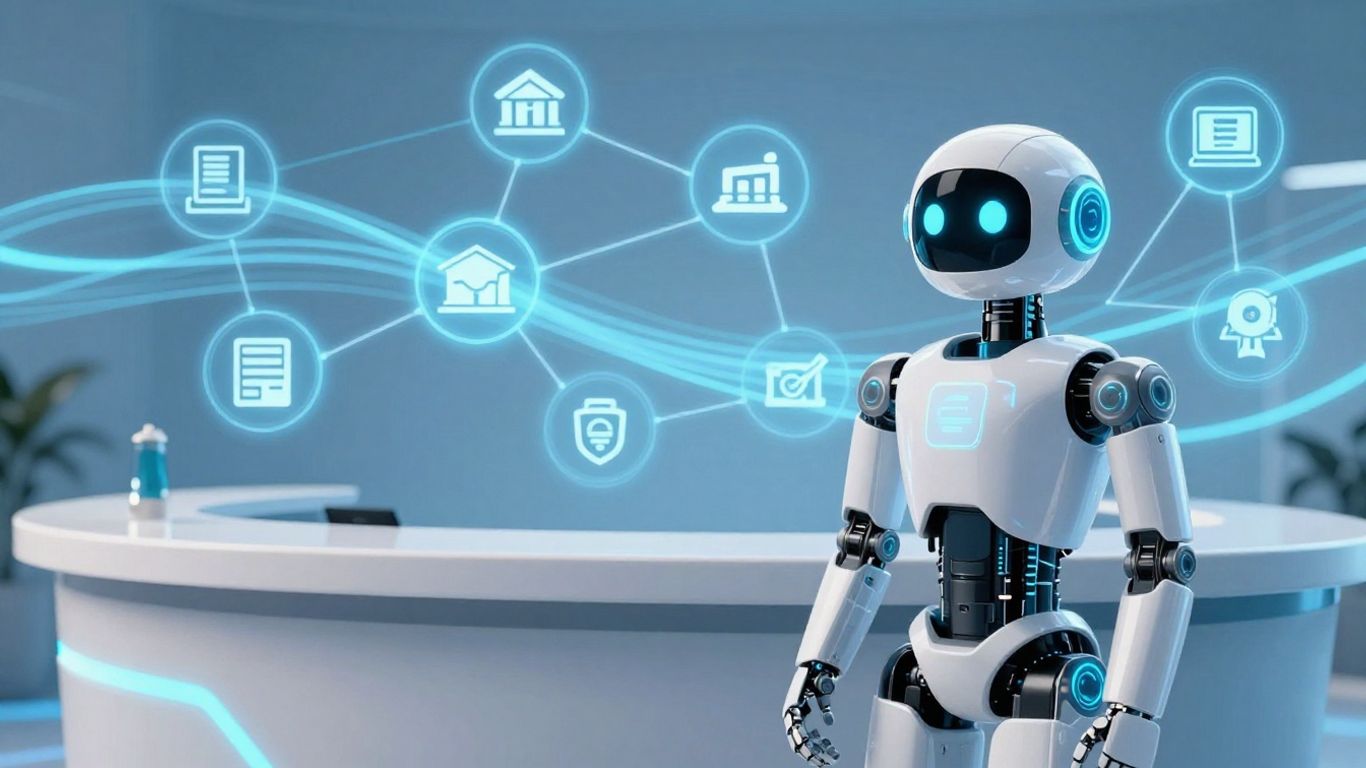 AI robot at a futuristic reception desk