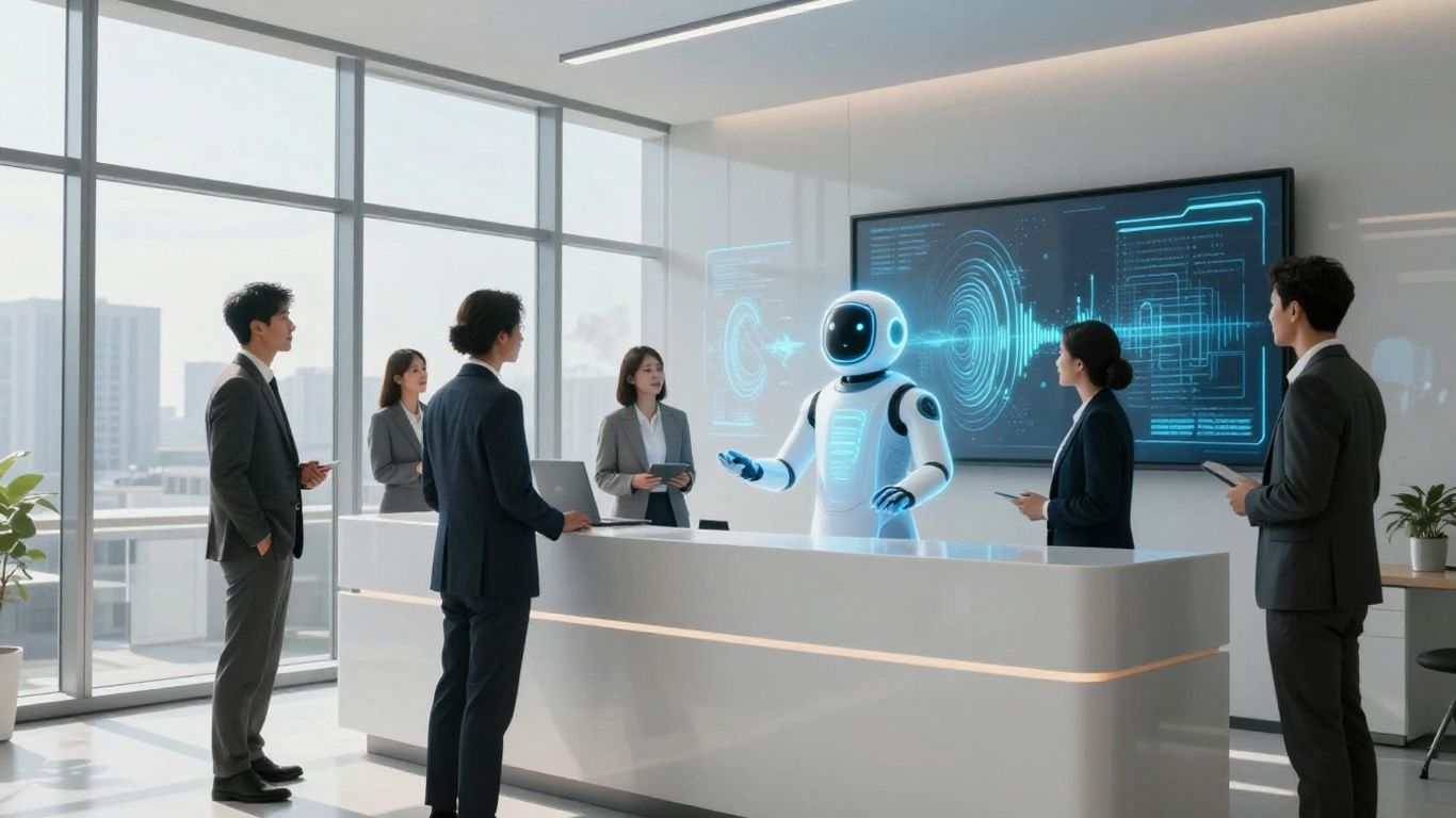 AI assistant helping business professionals in a modern office.