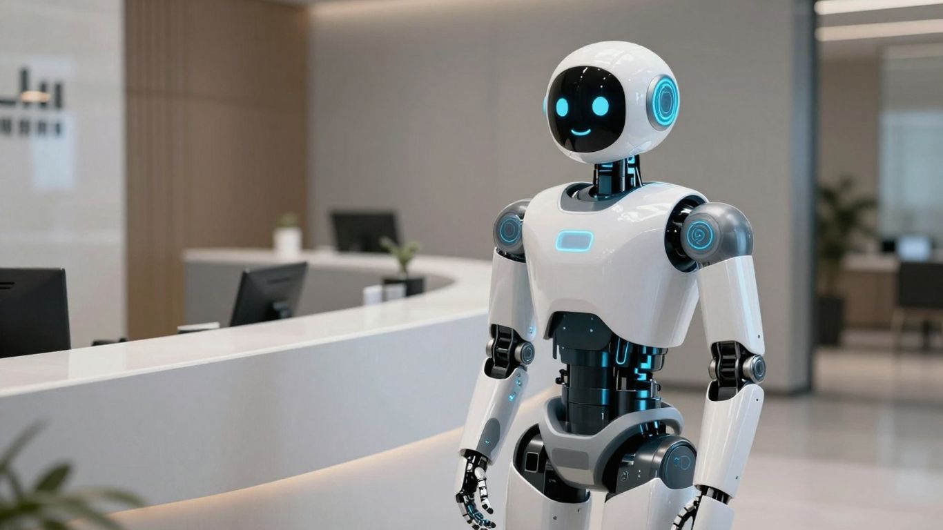 AI robot at a business reception desk.