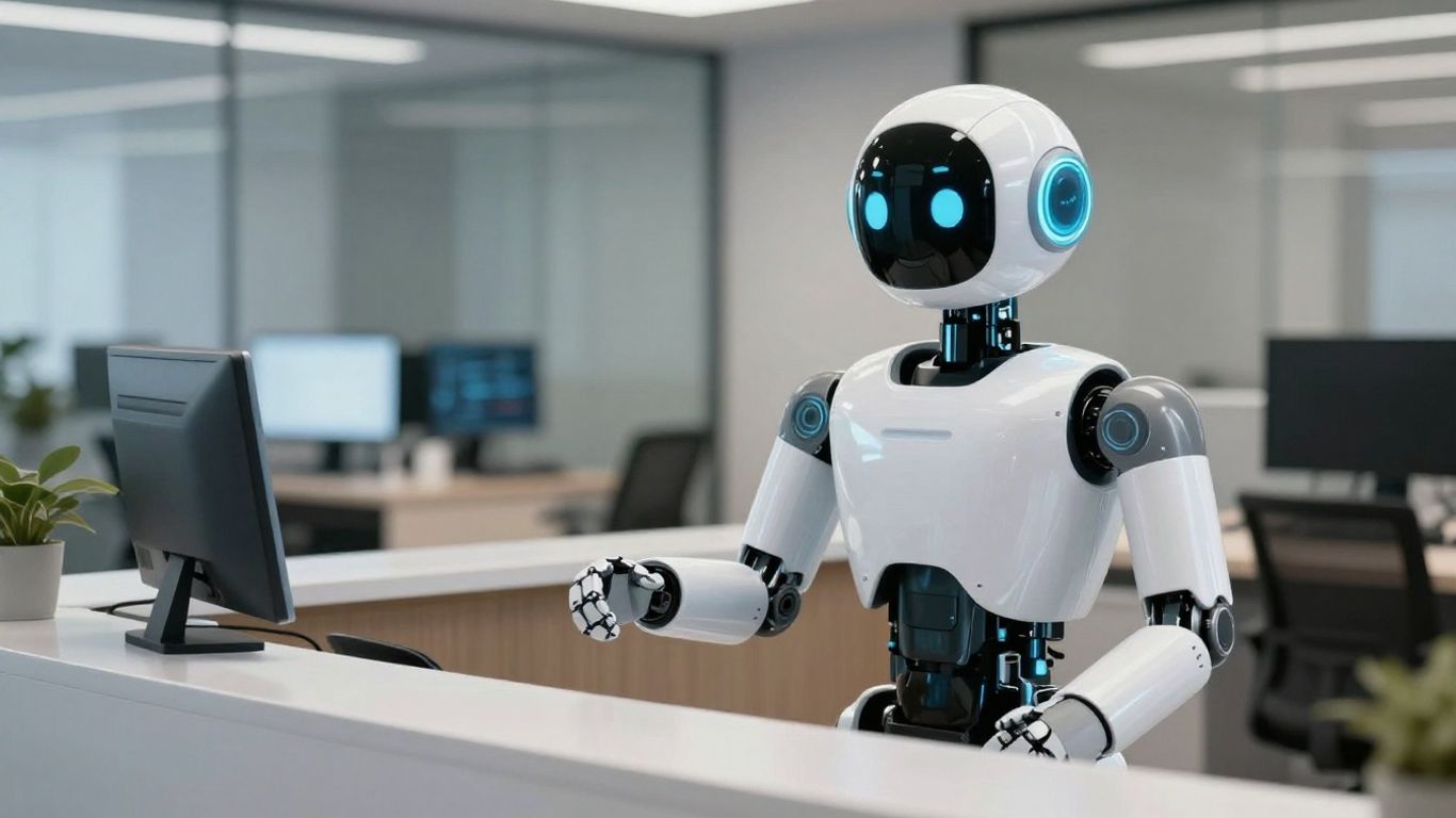 AI robot receptionist greeting a visitor at a desk.