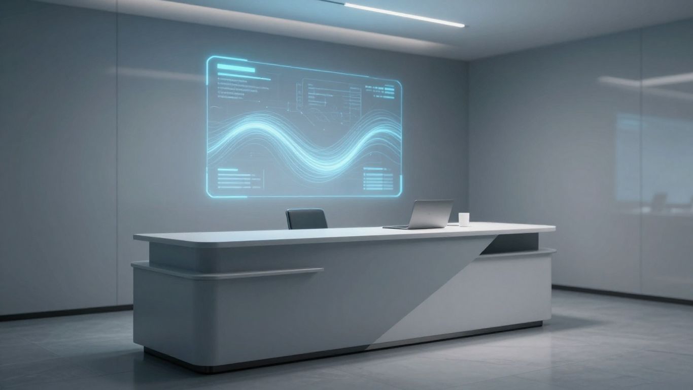 AI receptionist interface in a modern office.