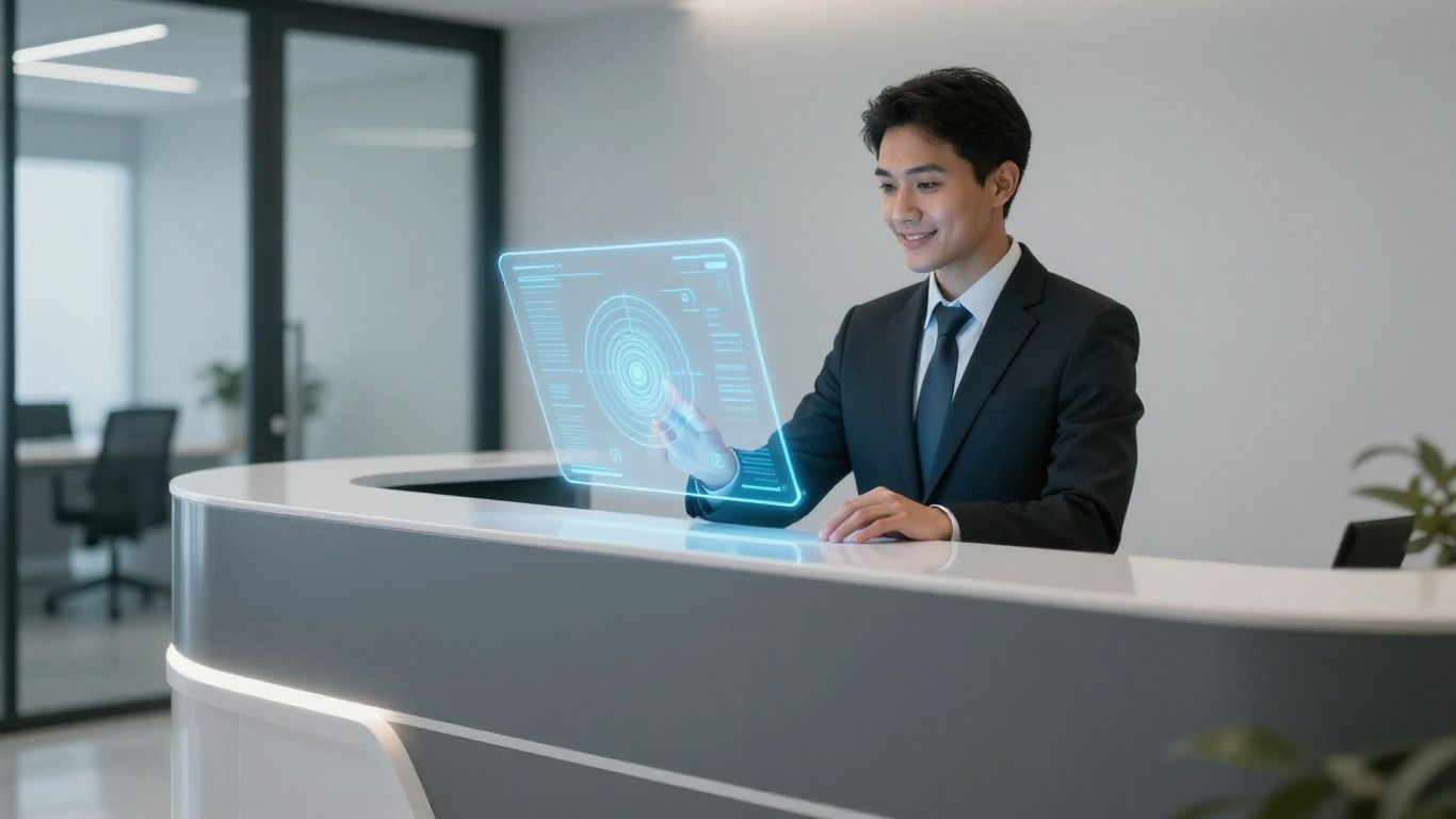 AI receptionist interface at a modern desk.
