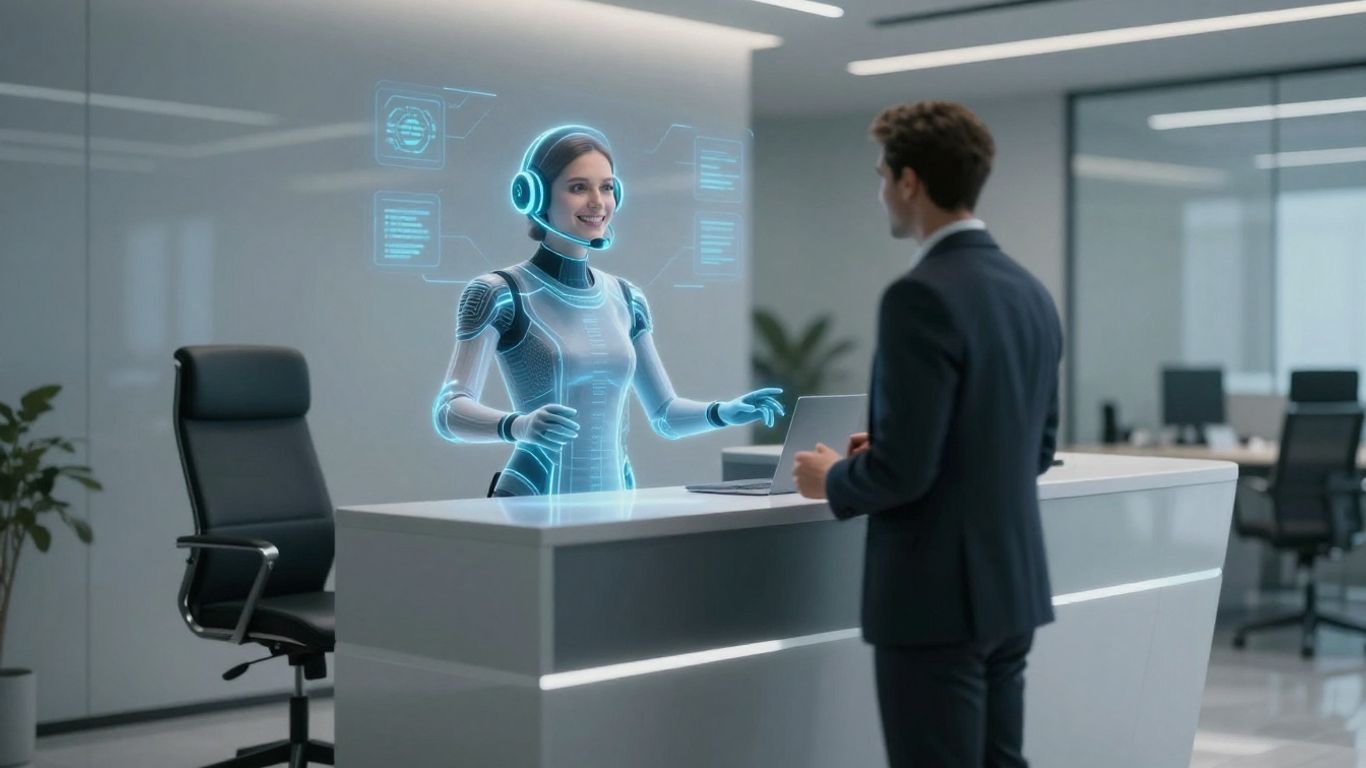 AI receptionist assisting a business person in a modern office.