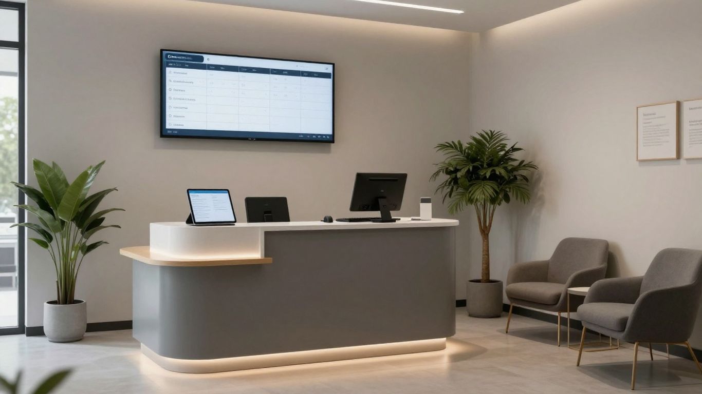 Chiropractor's office reception with digital scheduling interface.