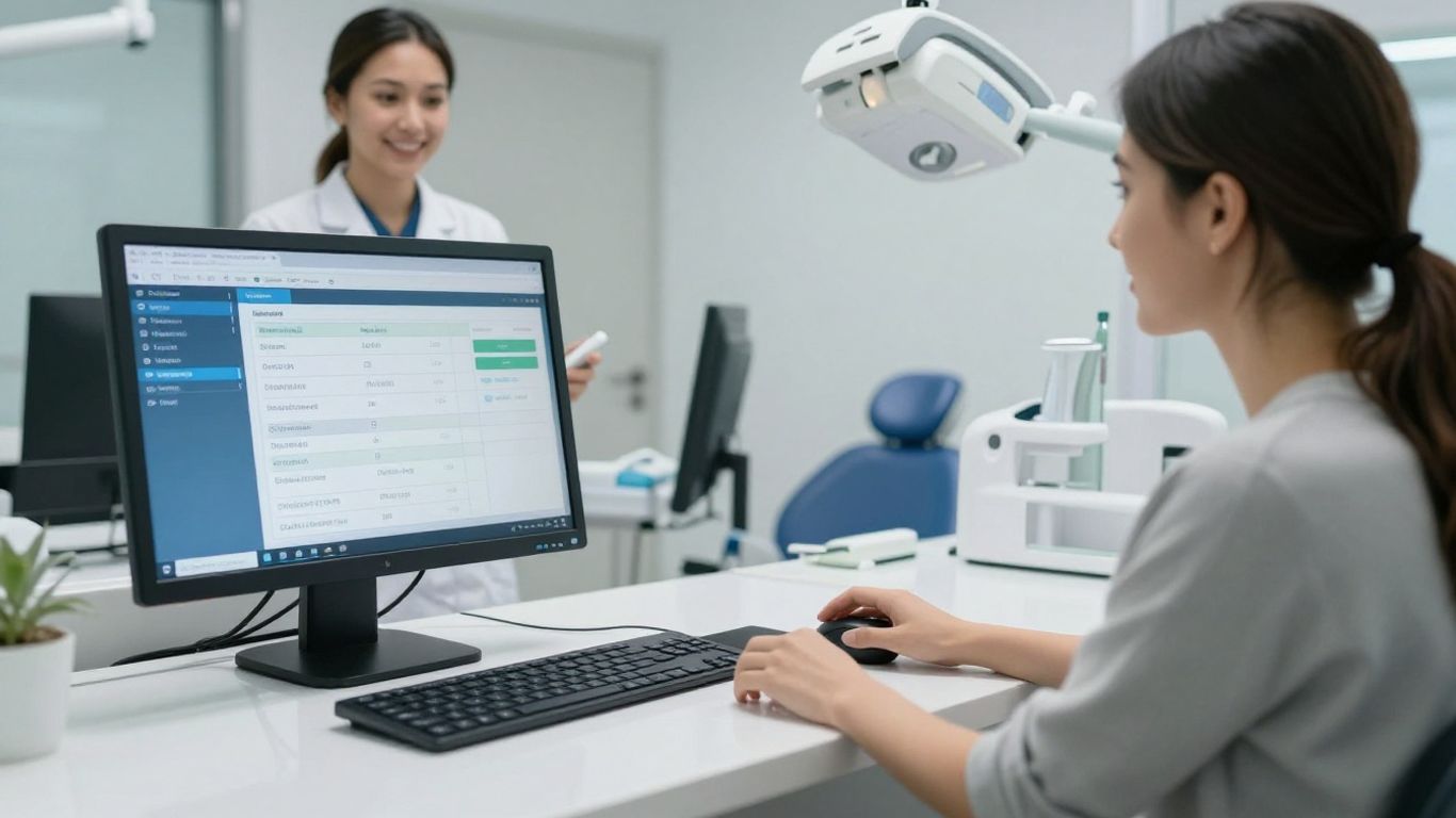 Dental office reception with automated system and staff.
