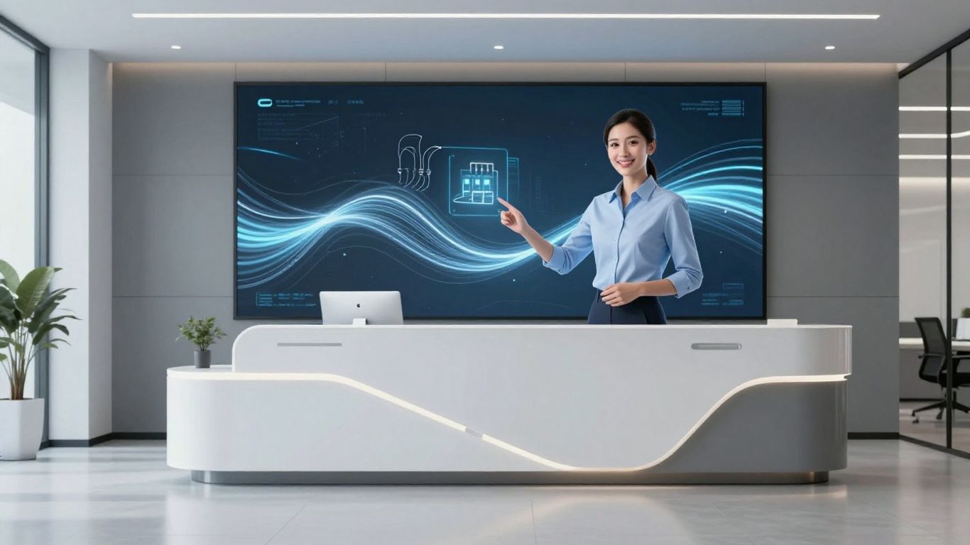 AI receptionist interface with electrical wiring hologram.