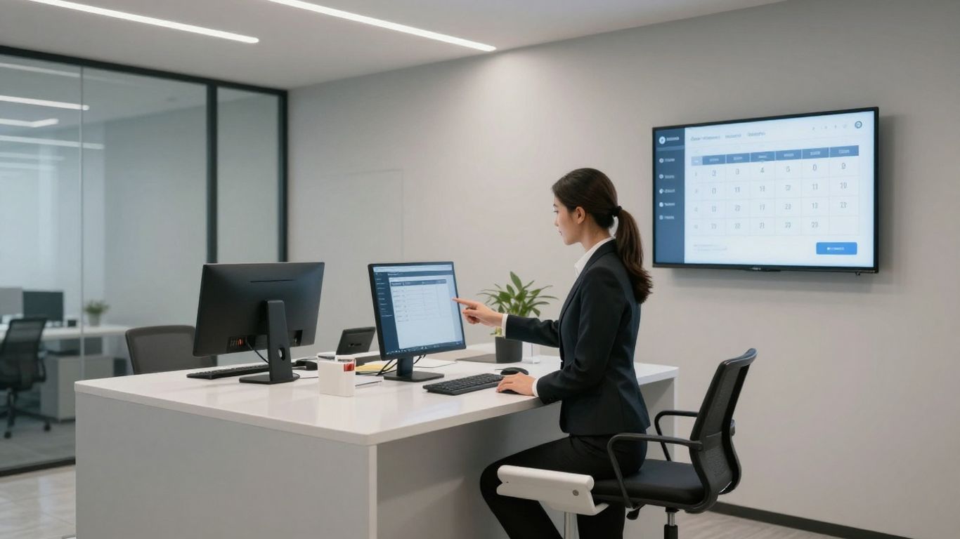 Receptionist managing appointments on a digital display.