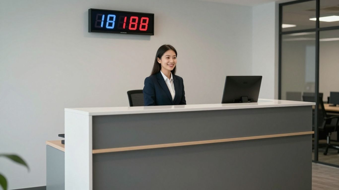 Office reception with timer showing minutes