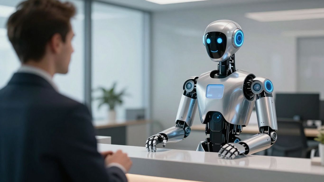 AI robot assistant at a business reception desk.