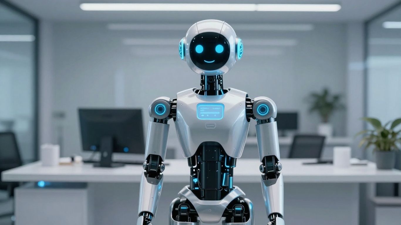 AI robot assistant at a modern front desk.